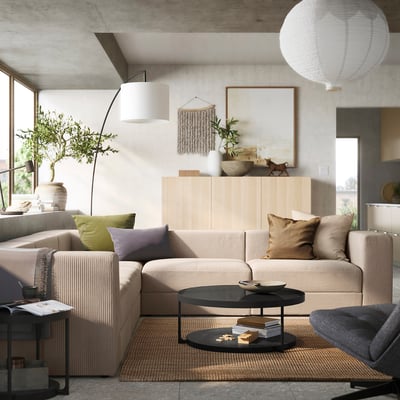 JÄTTEBO Sofá esquinero modular, 6 plazas, Samsala beige grisáceo