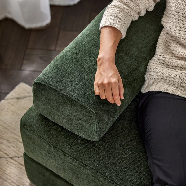 JÄTTEBO Sofá modular 4 plazas+chaise longue, derecha con reposacabezas/Johanneshov verde oscuro
