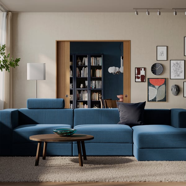 JÄTTEBO Sofá modular 4 plazas+chaise longue, derecha con reposacabezas/Samsala azul oscuro