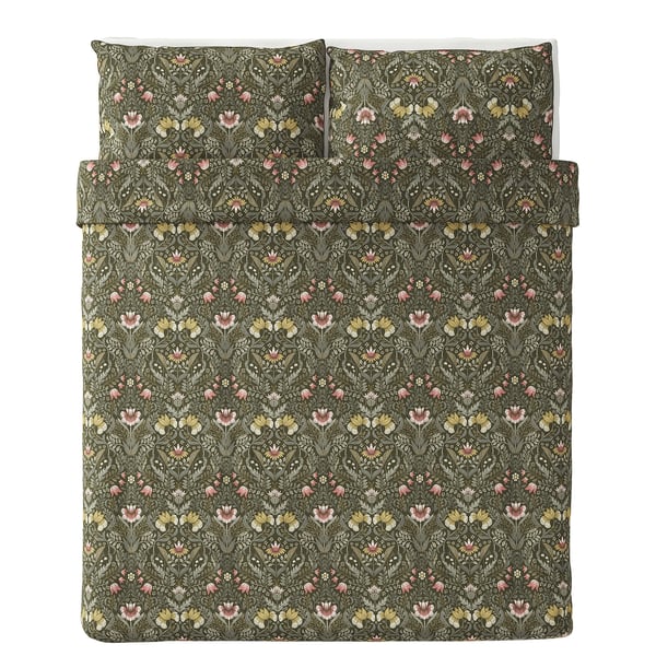 KÄRRDUNÖRT Funda nórdica+funda(s) de almohada, verde oscuro/multicolor, Tamaño Full/Queen (Doble/Queen)