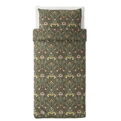 KÄRRDUNÖRT Funda nórdica+funda(s) de almohada, verde oscuro/multicolor, Tamaño twin