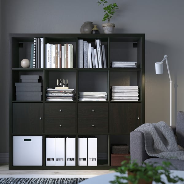 KALLAX Estantería, +2 puertas/4 cajones/negro-marrón, 57 7/8x57 5/8 "