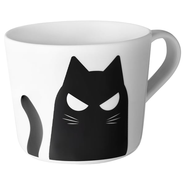 KUSTFYR Taza, blanco/gato negro, 12 oz