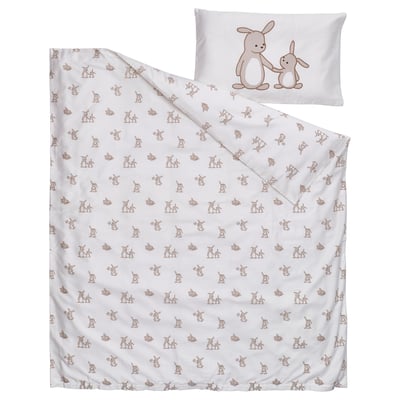 LEN Funda nórdica+funda almohada cuna, blanco beige/estampado de conejos, 43 1/4x49 1/4/13 3/4x21 5/8 "
