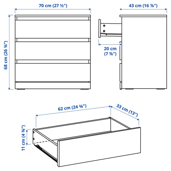 LILLBERGET Gavetero de 3 cajones, blanco, 27 1/2x16 7/8x26 3/4 "