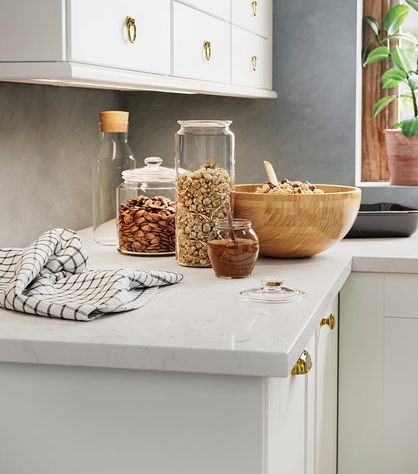 LOCKEBO Encimera de cocina personalizada, blanco efecto de mármol/compuesto de vidrio, 1 1/8 "