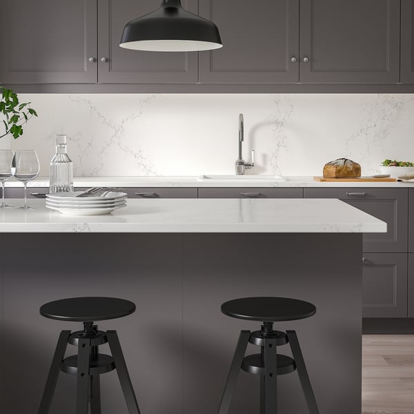 LOCKEBO Encimera de cocina personalizada, blanco efecto mármol alegre/compuesto de vidrio, 1 1/8 "