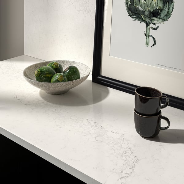 LOCKEBO Encimera de cocina personalizada, blanco/gris efecto mármol alegre/compuesto de vidrio, 1 1/8 "