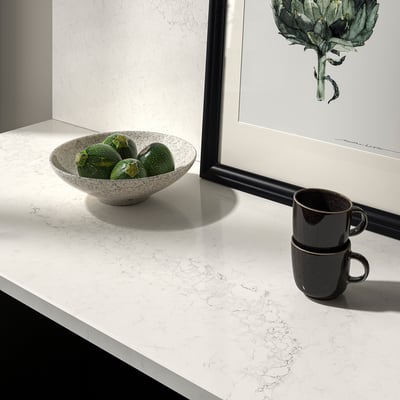 LOCKEBO Encimera de cocina personalizada, blanco/gris efecto mármol alegre/compuesto de vidrio, 1 1/8 "
