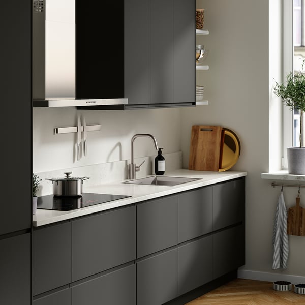 LOCKEBO Encimera de cocina personalizada, blanco/gris efecto mármol alegre/compuesto de vidrio, 1 1/8 "