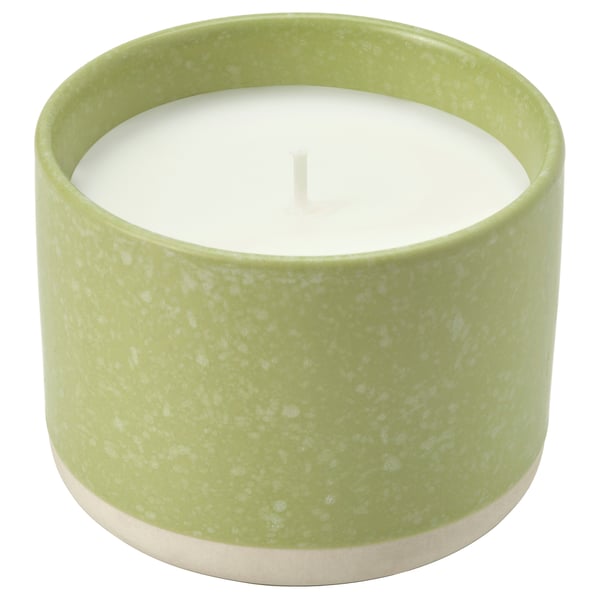 LÖVSKOGSLUND Vela aromática recipiente cerámica, Manzana/beige dorado intenso, 25 hr