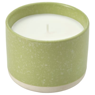 LÖVSKOGSLUND Vela aromática recipiente cerámica, Manzana/beige dorado intenso, 25 hr