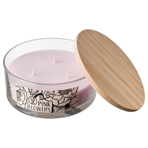 LOTSFÅGEL Vela arom/vidrio+tapa/3 mechas, Flores rosa rosado claro, 25 hr