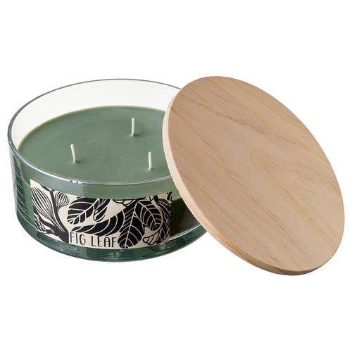 LOTSFÅGEL Vela arom/vidrio+tapa/3 mechas, Hoja de higuera verde, 25 hr