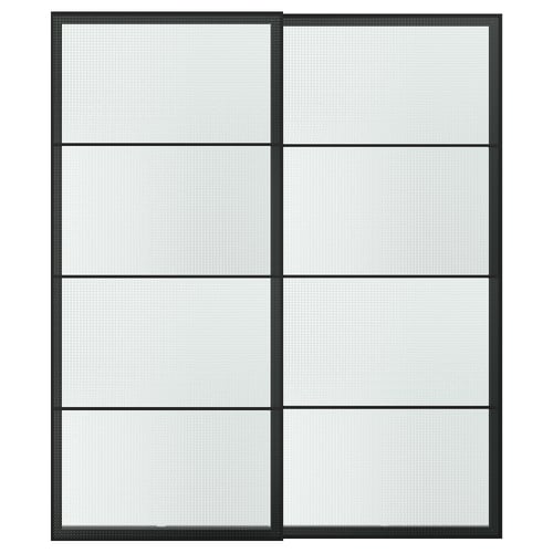 LUNDBRÄSMA Par de puertas corredizas, negro/vidrio a cuadros, 78 3/4x92 7/8 "
