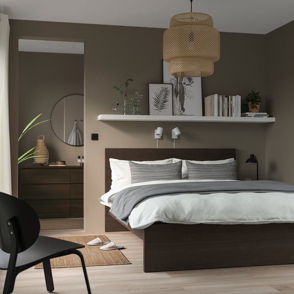 MALM Armazón de cama alta, marrón oscuro chapa/Lönset, Tamaño King