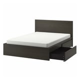 MALM Base cama alta+2 cjs almacenamiento, marrón oscuro chapa/Luröy, Tamaño queen
