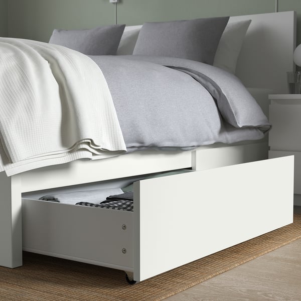 MALM Base de cama alta+4 cajas almcn, blanco/Luröy, Tamaño queen
