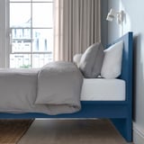MALM Base de cama alta, azul/Lönset, Tamaño full