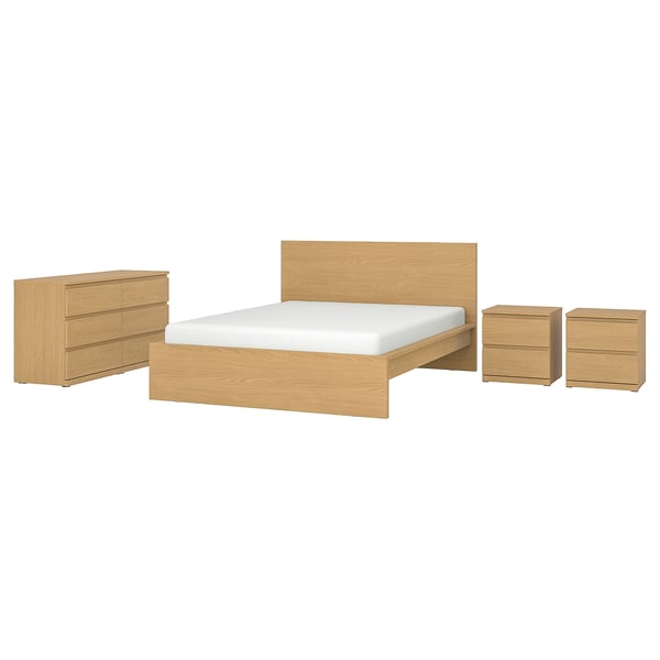 MALM / STORKLINTA Muebles de dormitorio, juego de 4, chapa de roble/efecto de roble, Tamaño full