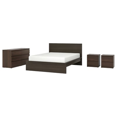 MALM / STORKLINTA Muebles de dormitorio, juego de 4, marrón oscuro chapa/marrón oscuro efecto de roble, Tamaño queen