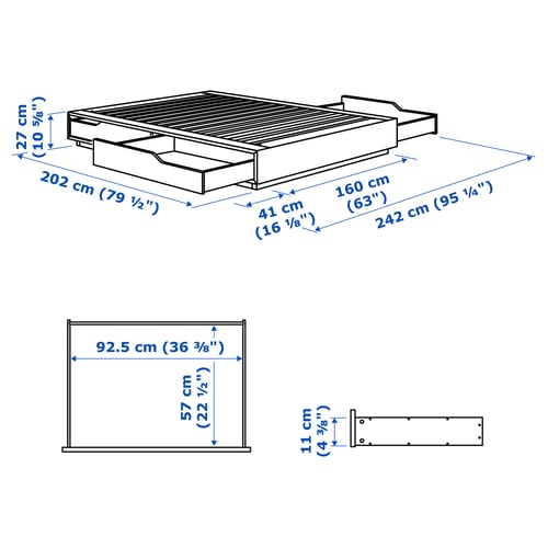 MANDAL Base de cama+almacenamiento, abedul/blanco, Tamaño queen
