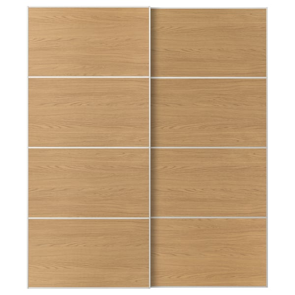 MEHAMN Par de puertas corredizas, blanco/doble cara efecto de roble, 78 3/4x92 7/8 "