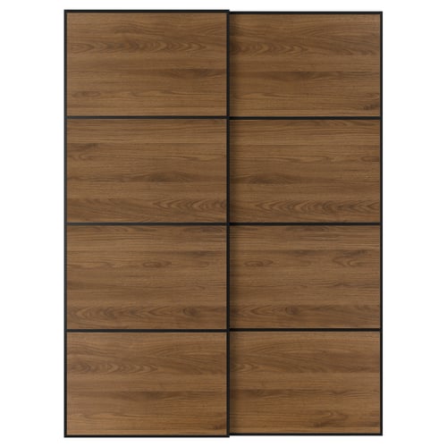 MEHAMN Par de puertas corredizas, negro/doble cara nogal, 59x79 1/8 "