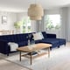 MORABO Sofá 5 plazas+chaise longues, Djuparp azul oscuro/madera