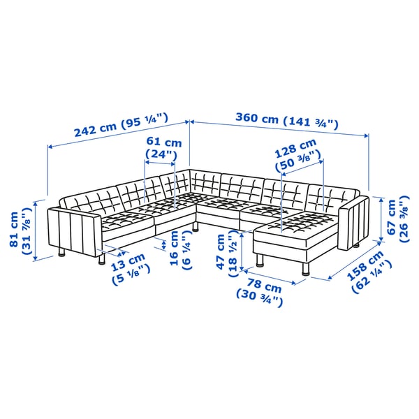 MORABO Sofá de esquina 6plz+chaise longue, Djuparp azul oscuro/madera