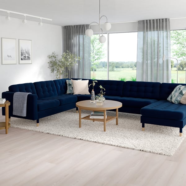 MORABO Sofá de esquina 6plz+chaise longue, Djuparp azul oscuro/madera