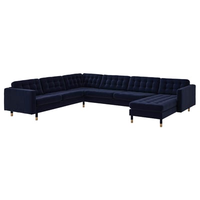 MORABO Sofá esquinero, 6 plazas, +chaise longue/Djuparp azul oscuro/madera