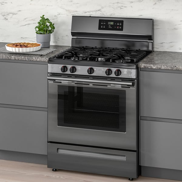 MOTSVARIG Horno+estufa de gas, negro acero inoxidable