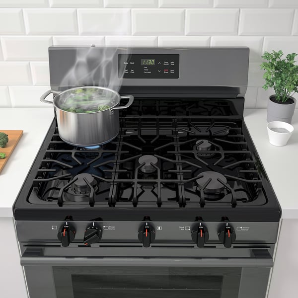 MOTSVARIG Horno+estufa de gas, negro acero inoxidable