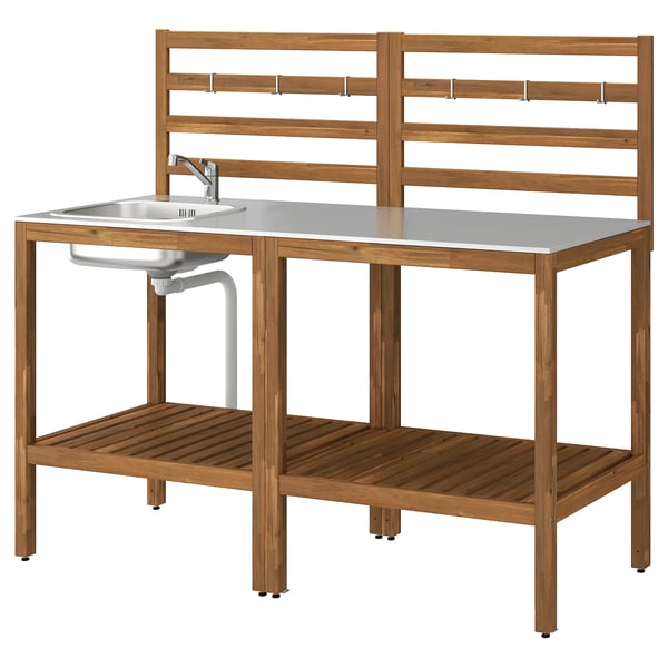 NÄMMARÖ Cocina+módulo fregadero, exterior, teñido en marrón claro/acero inoxidable, 63x24 3/8 "