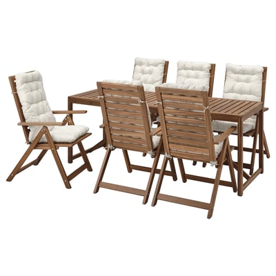NÄMMARÖ Mesa+6 sillas reclinables, ext, teñido en marrón claro/Kuddarna gris-beige claro, 78 3/4x29 1/2 "