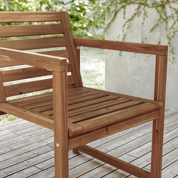 NÄMMARÖ Mesa+6 sillas reposabrazos, ext, teñido en marrón claro, 78 3/4 "
