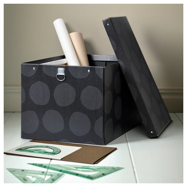 NIMM Caja de almacenamiento+tapa, a lunares gris, 13 ¾x19 ¾x11 ¾ "