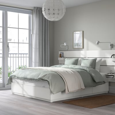 NORDLI Base cama+almacenamiento+cabecera, blanco, Tamaño queen