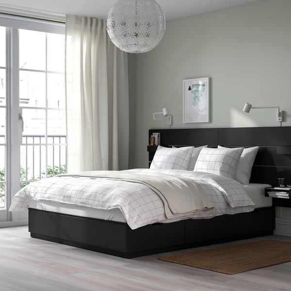 NORDLI Base de cama+almacenamiento+colchón, con cabecera antracita/Vågstranda felpa, Tamaño queen