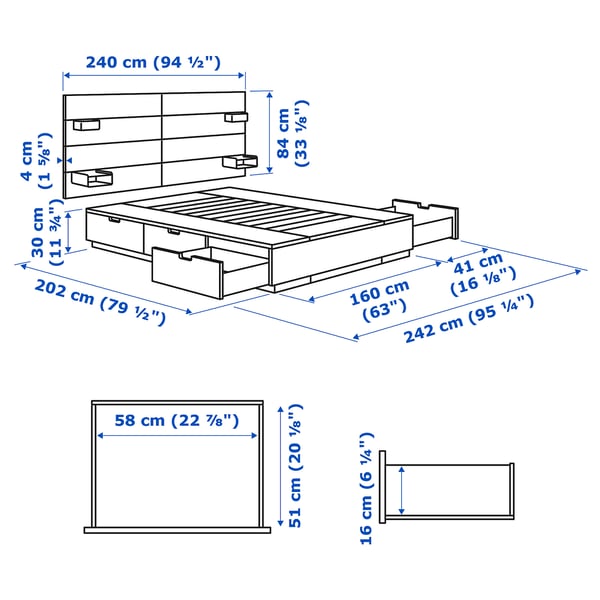 NORDLI Base de cama+almacenamiento+colchón, con cabecera antracita/Vågstranda Firmeza: media., Tamaño queen