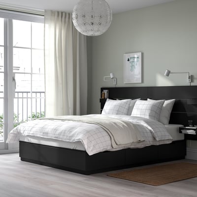 NORDLI Base de cama+almacenamiento+colchón, con cabecera antracita/Valevåg firme, Tamaño queen