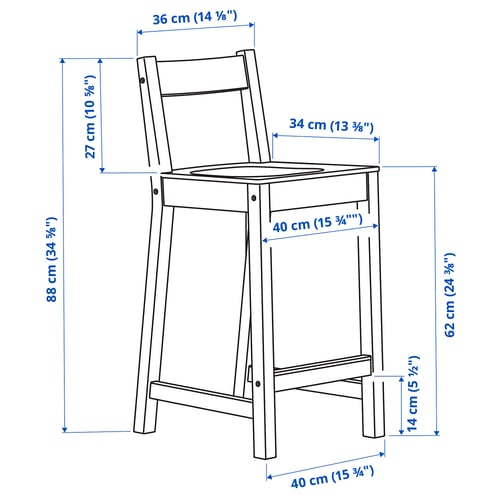 NORDVIKEN Taburete de bar con respaldo, altura de encimera de cocina/blanco, 24 3/8 "