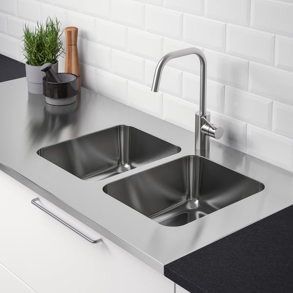 OLOFSJÖN Encimera cocina+2 fregaderos integ, acero inoxidable, 60x25 5/8 "