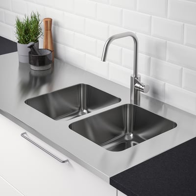 OLOFSJÖN Encimera cocina+2 fregaderos integ, acero inoxidable, 60x25 5/8 "