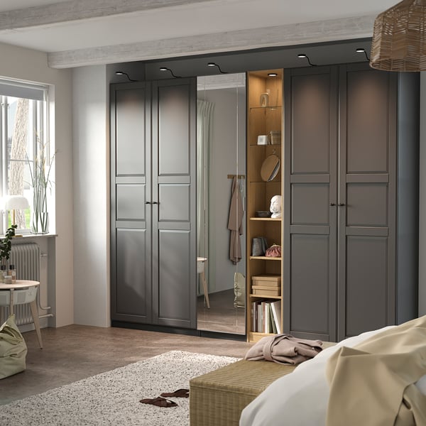 PAX / KAMMARTORP/TYSSEDAL Combinación de armario, gris oscuro gris oscuro/espejo de vidrio efecto de roble, 112 1/4x23 5/8x93 1/8 "