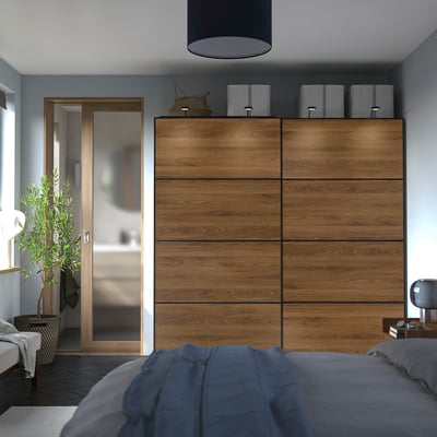 PAX / MEHAMN Armario+puertas corredizas, beige grisáceo negro/doble cara nogal, 78 3/4x26x79 1/4 "