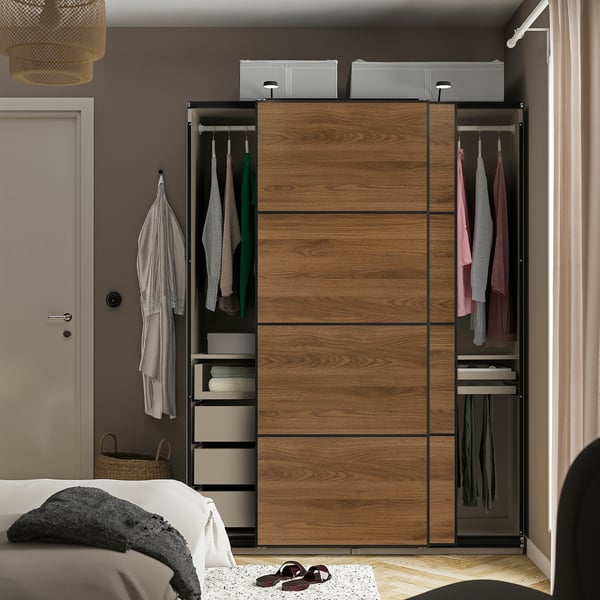 PAX / MEHAMN Armario+puertas corredizas, beige grisáceo negro/doble cara nogal, 59x26x79 1/8 "