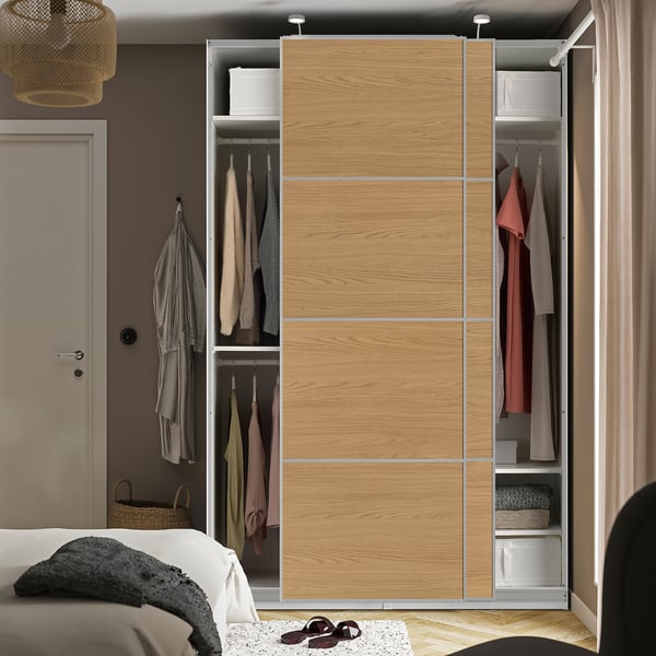 PAX / MEHAMN Armario+puertas corredizas, blanco aluminio/doble cara efecto de roble, 59x26x92 7/8 "