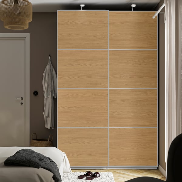 PAX / MEHAMN Armario+puertas corredizas, blanco aluminio/doble cara efecto de roble, 59x26x92 7/8 "